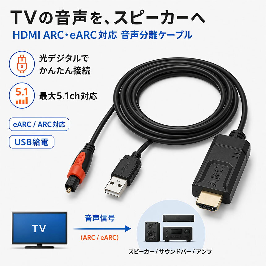 HDMI 音声分離ケーブル ARC eARC 対応 光デジタル 出力 変換 5.1ch サラウンド オ...