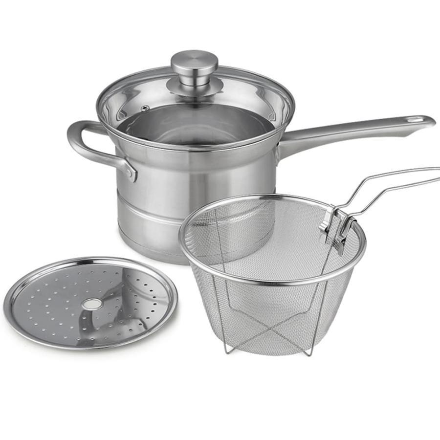 両手鍋 深型 揚げ鍋 パスタ鍋 パスタポット 蒸し器 4in1のミルクパン ステンレス製 底面3層構造 ガラス蓋・ザル・蒸しプレート付き オール熱源対応