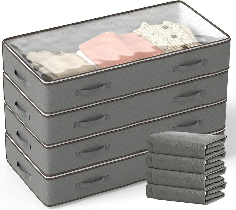 4個セット ベッド下収納袋 100x50x15cm 布団 衣類 着物収納ケース 90L 大容量 折りたたみ式 洋服収納ボ..