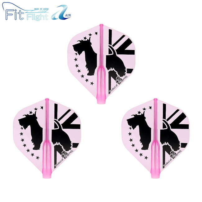 ※ご覧頂いているディスプレイの設定等により、実物と色合いが異なる場合がございます。※この画像はDarts HiVeが作成しており、文章・写真などの複製、無断転載を禁じます。※内容物・商品仕様は予告なく変更となる場合がございます。 ■商品仕様 スペックデータ &nbsp; 形状 内容量 ：スタンダード ：3個 ■商品説明 2023.10.27 発売商品 COSMO DARTSプレーヤー、スコット・ミッチェル選手のフィットフライト第1弾。 ニックネーム「Scotty Dog」にちなんだスコティッシュ・テリアのシルエットは、選手のユニフォームにも取り入れられているデザインです。 ベースフライトはFit FlightとFit Flight AIRをラインナップ。 ■ご注文前に必ずご確認下さい 【仕様・付属品に関して】 ※こちらのフライトをお使い頂くには、専用のシャフト(FIT SHAFT)が必要です。 FIT SHAFT以外のシャフトにはお使い頂けませんので、ご注意ください。 ※一度ロックタイプのシャフトで使用したフライトは、シャフト挿入部が広がるためスピンタイプのシャフトに使用できません。 ※商品ページ掲載の商品仕様や、パッケージ・デザイン・付属品等は、予告無しに変更となる場合がございます。 予め、ご理解・ご了承の上、ご注文下さい。 ScottMitchell