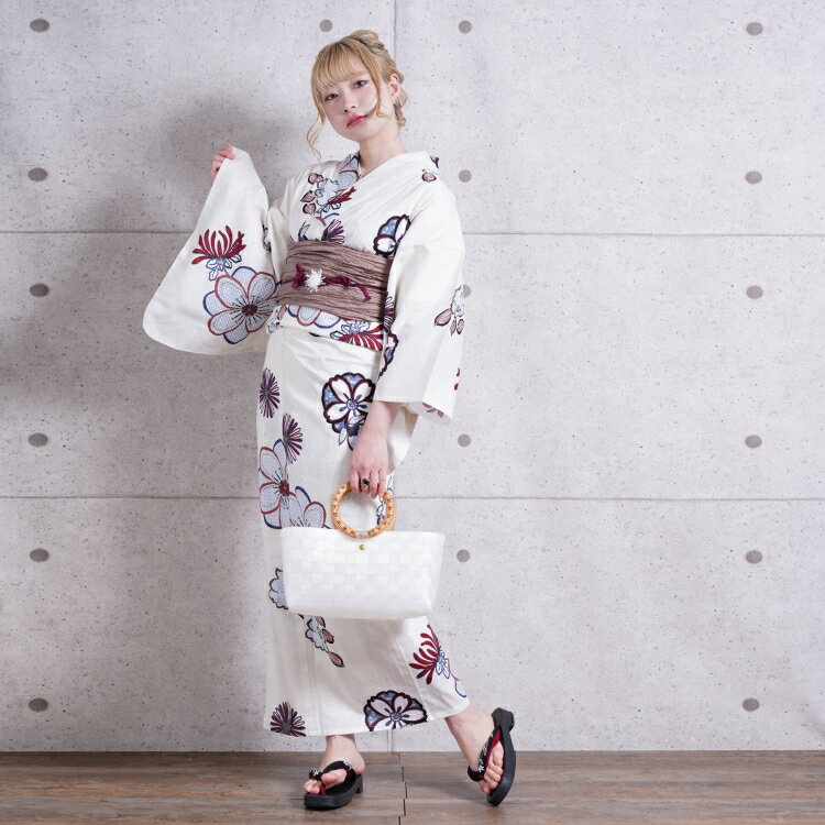 浴衣 セット レディース 浴衣 3点セット（浴衣/帯/下駄）クリーム　えんじ　青　ブルー　赤　疋田　八重梅　昭和初期アンティーク復刻 浴衣セット ゆかた 女性 レトロLサイズ トールサイズ 大きいサイズ