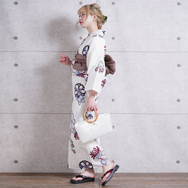 浴衣 セット レディース 浴衣 3点セット（浴衣/帯/下駄）クリーム　えんじ　青　ブルー　赤　疋田　八重梅　昭和初期アンティーク復刻 浴衣セット ゆかた 女性 レトロLサイズ トールサイズ 大きいサイズ