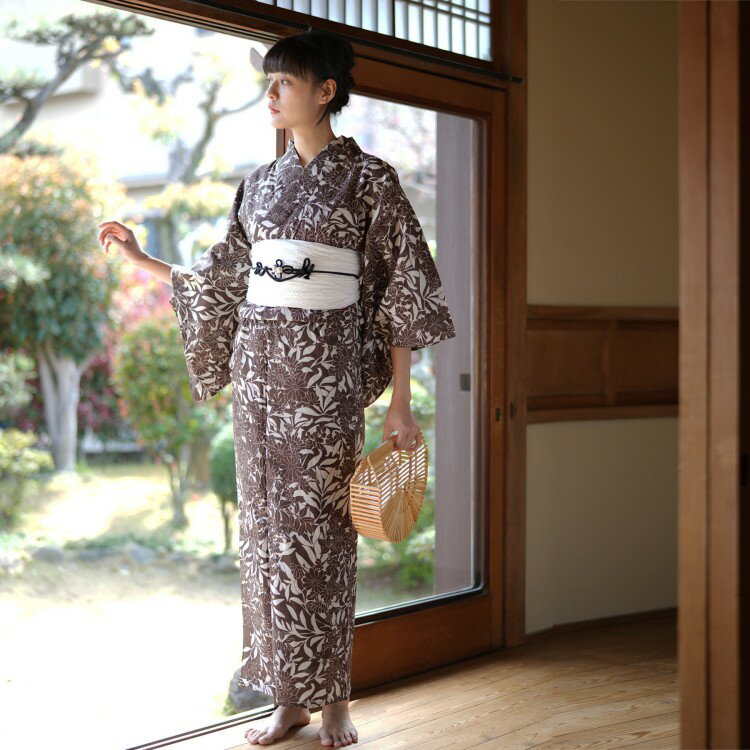 浴衣 セット レディース 浴衣 3点セット（浴衣/帯/下駄）日本製生地 国内染色 和歌山染工 紫 えんじ チョコ Nico Antique×Modern Antenna ニコアンティーク モダンアンテナ 浴衣セット ゆかた 女性 レトロ ゆったりサイズ 大きいサイズ 3L