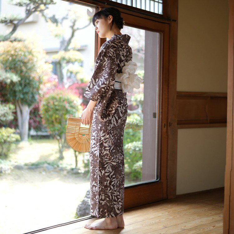 浴衣 セット レディース 浴衣 3点セット（浴衣/帯/下駄）日本製生地 国内染色 和歌山染工 紫 えんじ チョコ Nico Antique×Modern Antenna ニコアンティーク モダンアンテナ 浴衣セット ゆかた 女性 レトロ ゆったりサイズ 大きいサイズ 3L