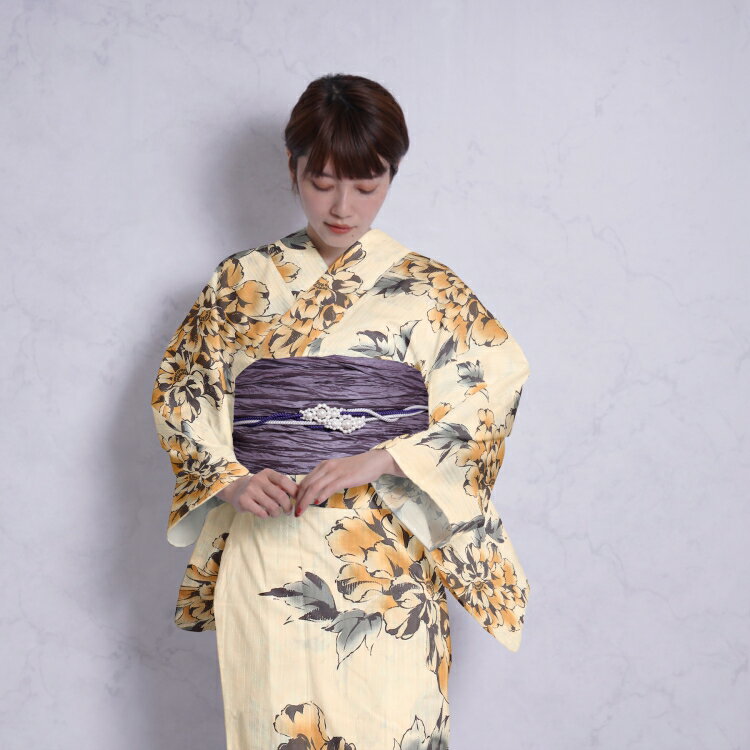 浴衣 セット レディース 浴衣 3点セット（浴衣/帯/下駄）ベージュ 黄色 からし グレー 牡丹 ぼたん ニコアンティーク Nico Antique 浴衣セット ゆかた 女性 レトロSサイズ プチサイズ 小さいサイズ