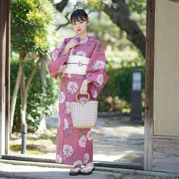 浴衣 セット レディース 浴衣 3点セット（浴衣/帯/下駄）えんじ 赤 からし グレージュ たんぽぽ 萩 ニコアンティーク Nico Antique 浴衣セット ゆかた 女性 レトロ ゆったりサイズ 大きいサイズ 3L