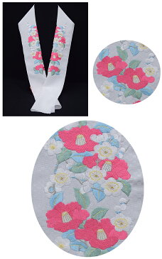 半衿 半襟 はんえり 白【岡重 高級刺繍半衿 ピンク 緑 水色 椿 つばき】 振袖 成人式 前撮り 結婚式 卒業式 着物 和装 和服 振袖 訪問着 小紋 ハイクラス レトロ 大正浪漫