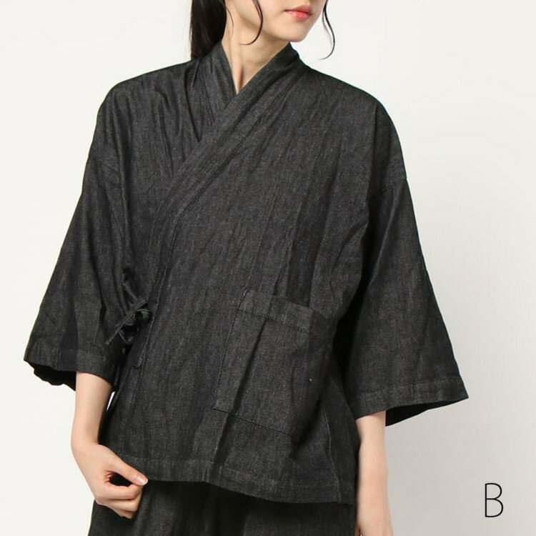 作務衣　レディース　デニム作務衣　ネイビー　ブラック　ブルー　女性作務衣　レディース作務衣　さむえ　女性　オールシーズン　ポケット　上着　ボトム　ロングパンツ　M　L　サムエ　さむい　サムイ