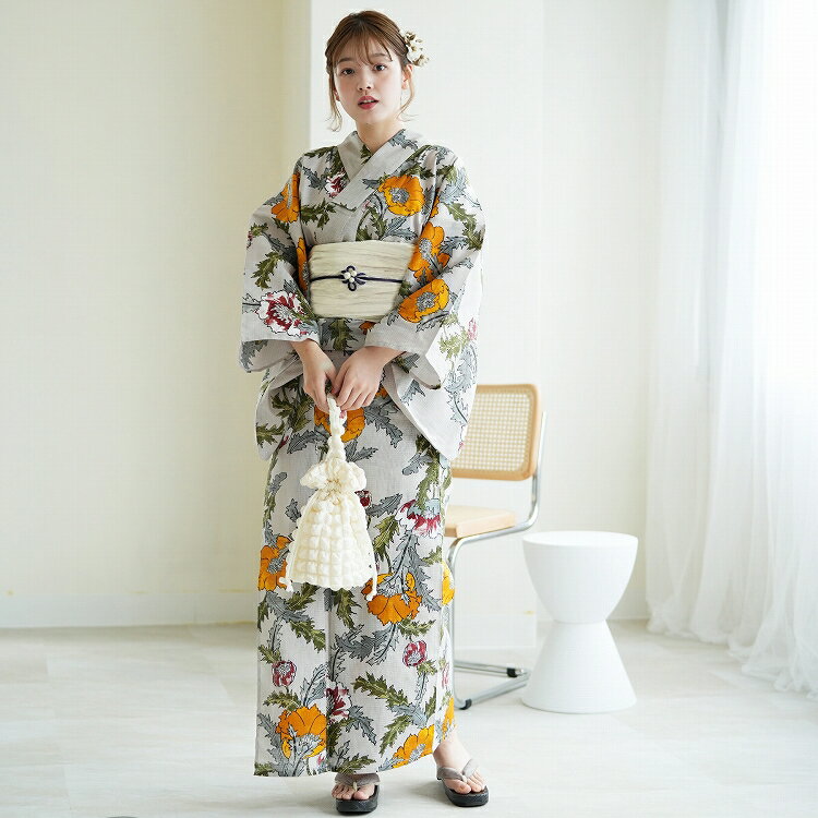 浴衣 セット レディース 浴衣 3点セット（浴衣/帯/下駄）ゆったりサイズ　大きいサイズ　3L日本製生地　国内染色　和歌山染工　ピンクベージュ　黄色　赤　緑　グレー　イエロー　レッド　アネモネ　菊　昭和初期アンティーク復刻 浴衣セット ゆかた 女性