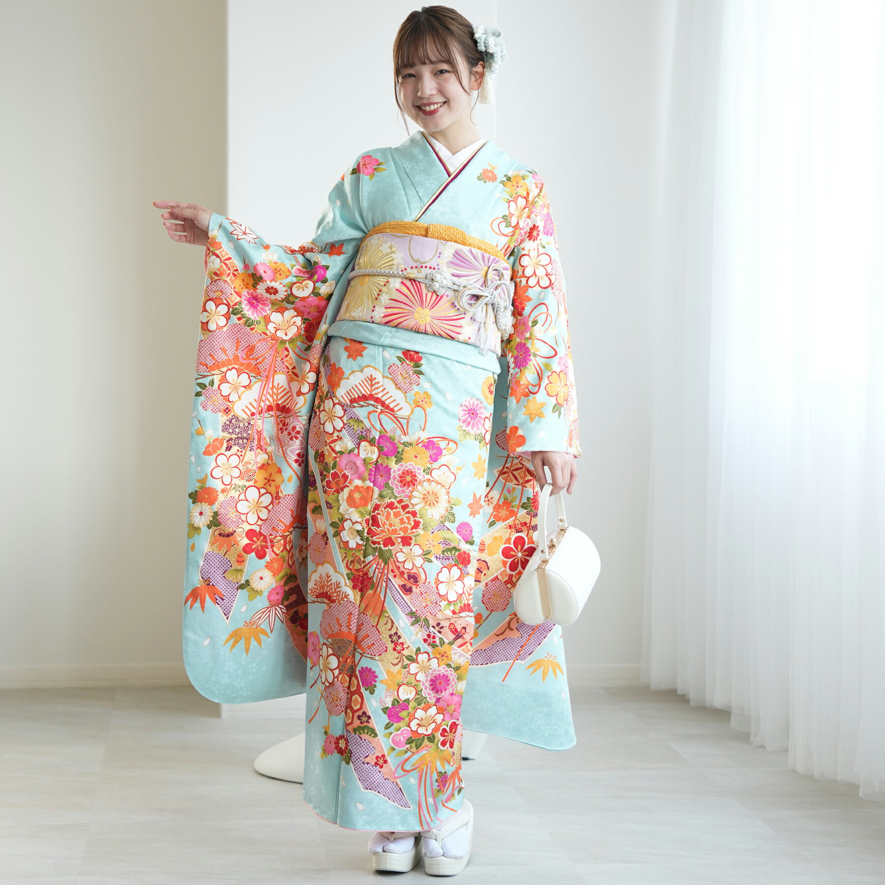 【レンタル】成人式 振袖 女性 着物 女 振袖セット 結婚式 振袖 袋帯 フルセット 安い レトロ 大正浪漫 モダン 古典 振袖 セット 正絹 アンティーク 水色 花 花柄 桜 菊