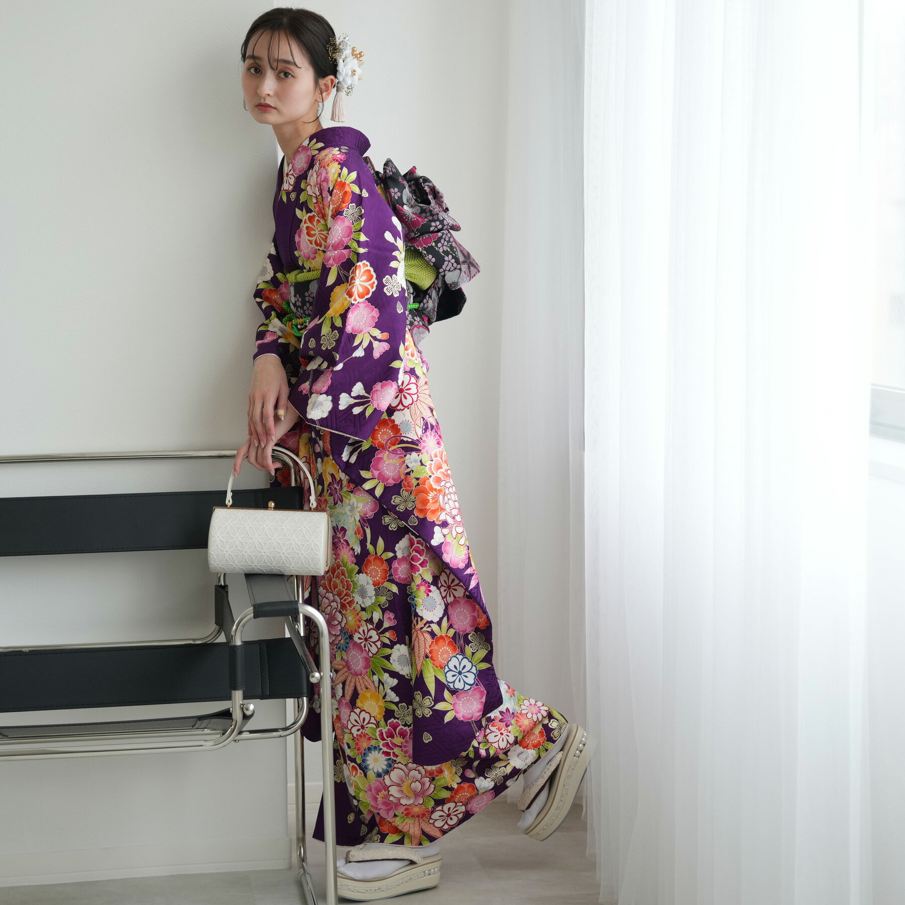 【レンタル】振袖 セット 成人式 結婚式 レディース 女性 結婚式 振袖＆袋帯 フルセット 安い レトロ 振袖 20点セット 正絹 アンティーク 紫に花絵羽 往復送料無料