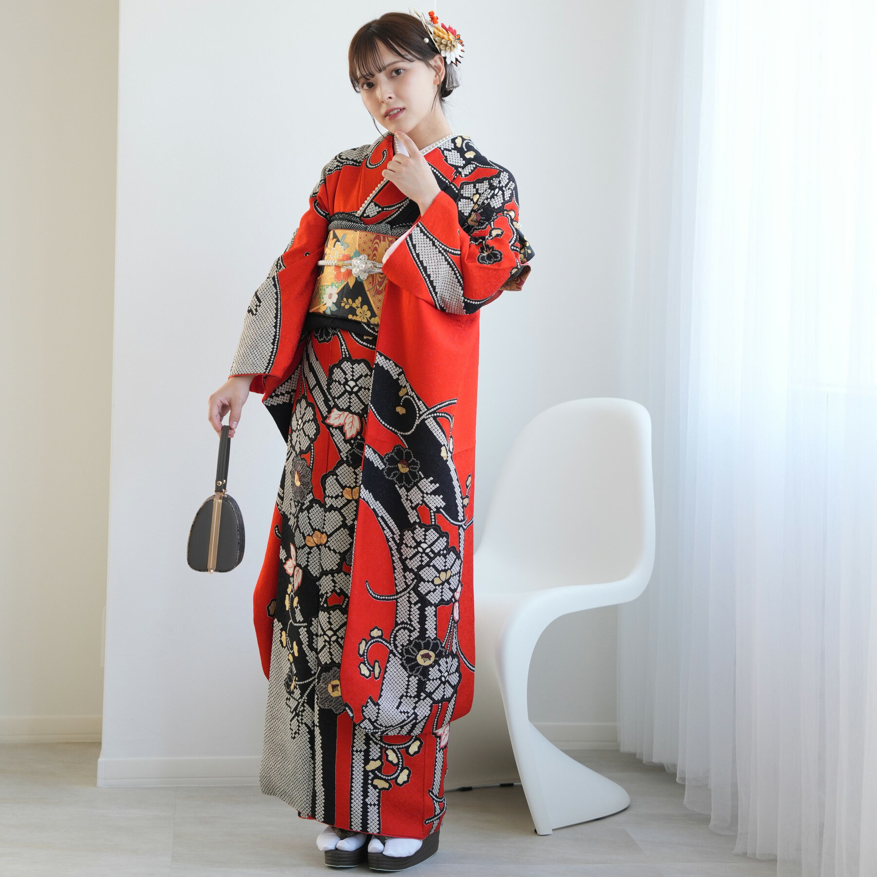 【レンタル】振袖 成人式 女性 振袖セット 着物 女 成人式振袖セット 結婚式 振袖＆袋帯 フルセットレンタル 安い【振袖20点セット 正絹 アンティーク朱オレンジとブラックの絞り絵羽】新品足袋プレゼント