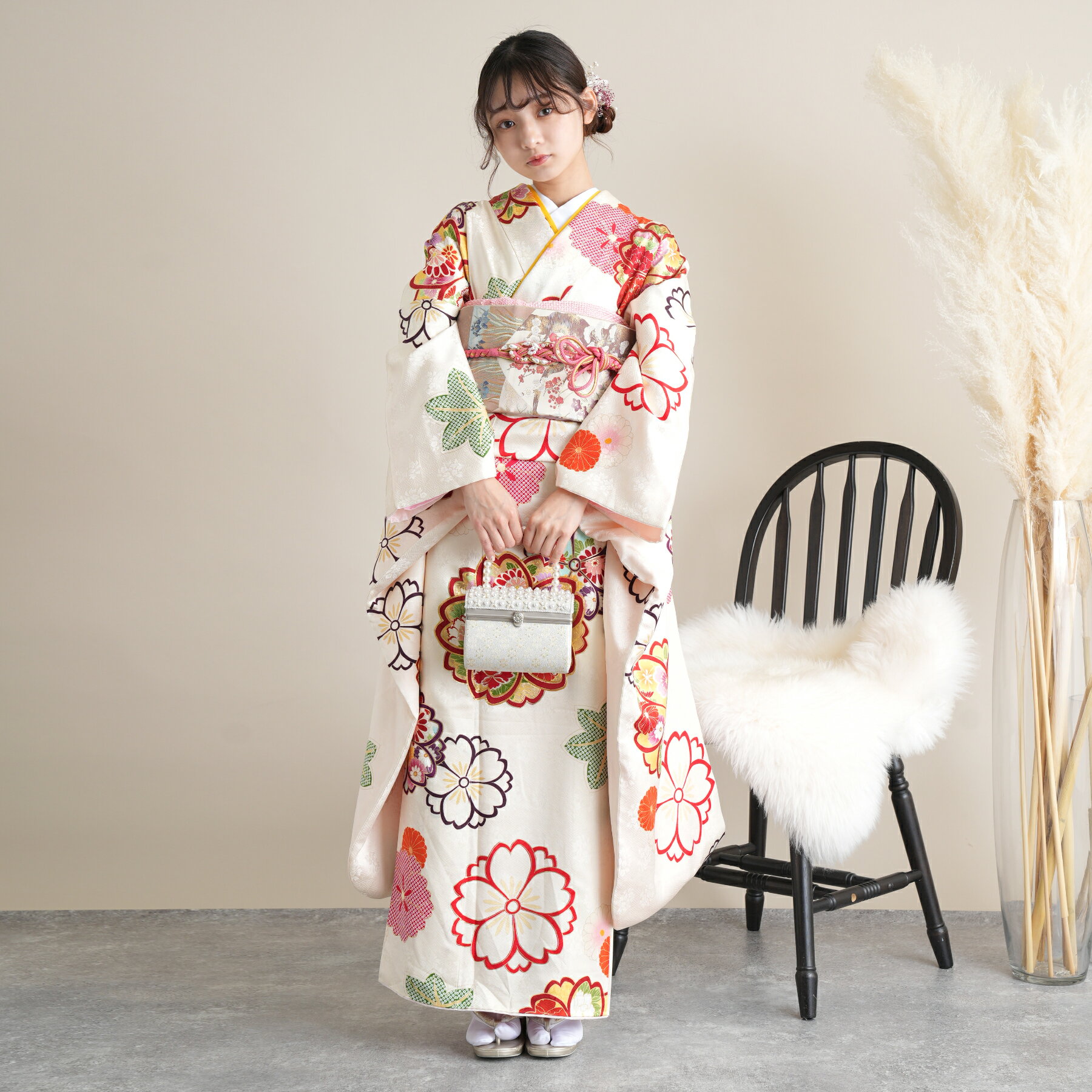 【レンタル】 振袖 レンタル 成人式 女性 古典柄 レトロ 21点セット フリー(身長約159cm-169cm) フルセット クリーム 花 水色 牡丹 絞り柄 桜 菊 フォーマル 結婚式 古典柄