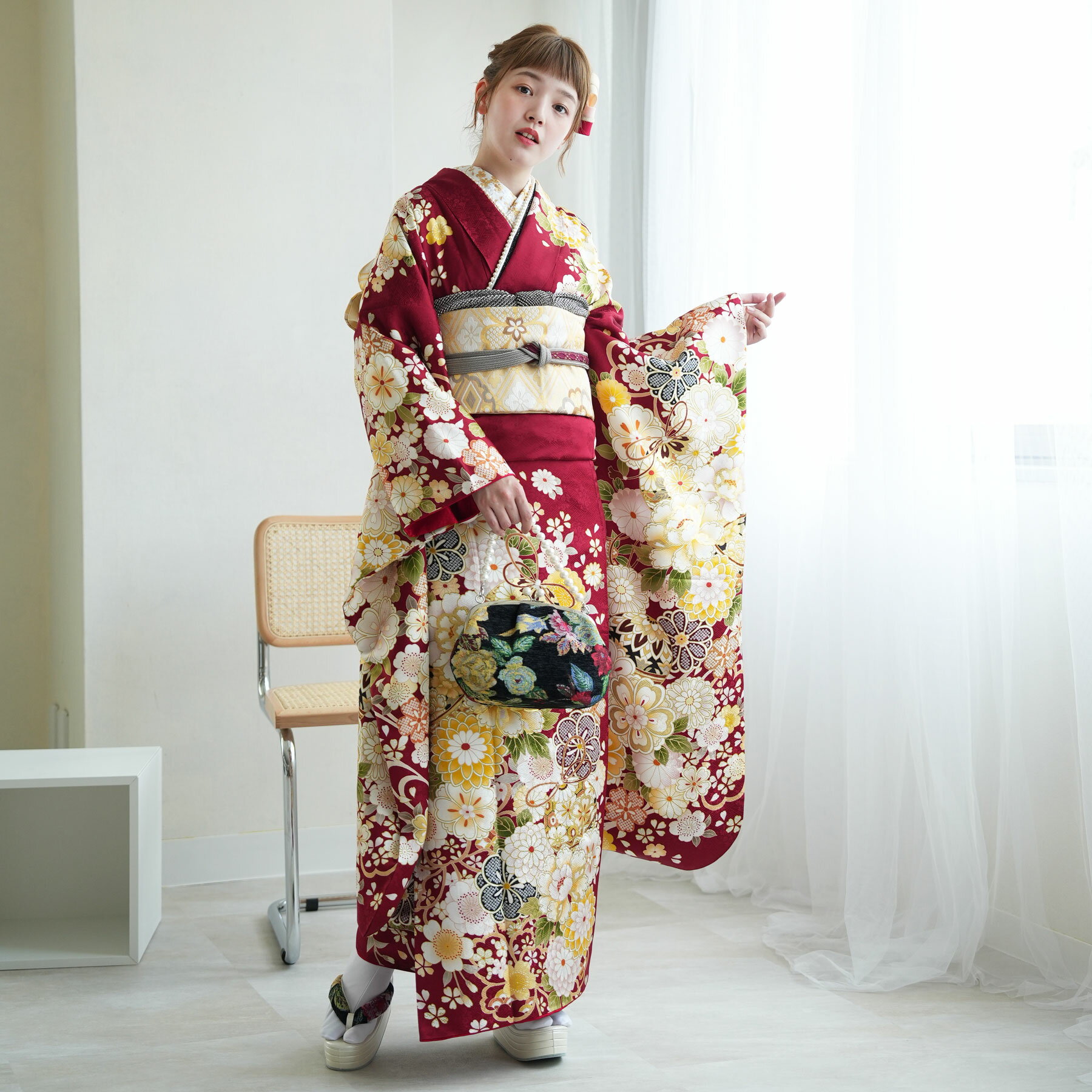 【レンタル】 【2026年成人式利用不可】 成人式 振袖 レンタル 女性 振袖セット 着物 21点セット フリーサイズ（身長155-170cm） 結婚式 花 フルセット 赤 女性 黄色 牡丹 菊 桜 正絹 正装 和装 フォーマル 披露宴 晴れ着