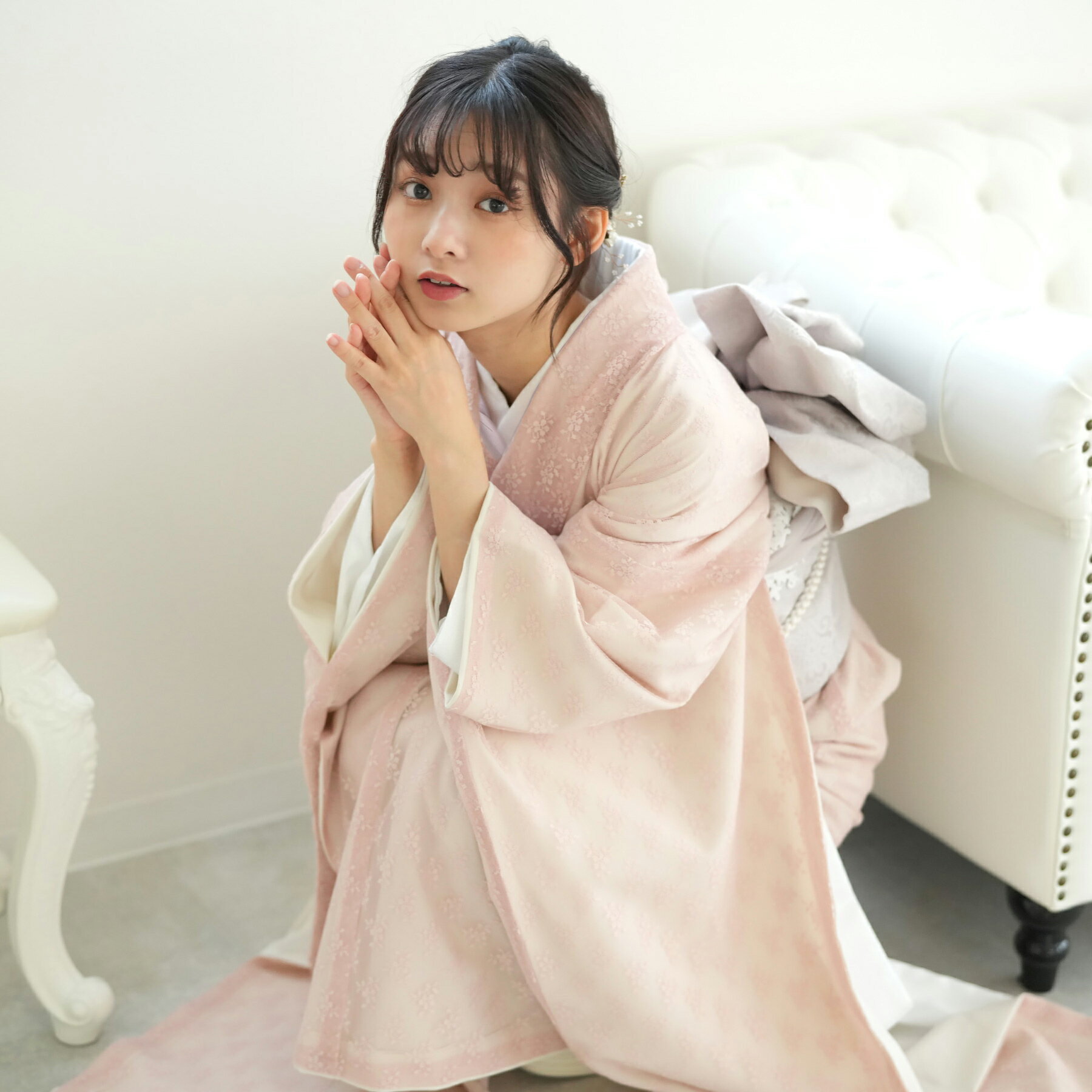 【レンタル】 振袖 21点セット utatane フリー（身長約152cm-162cm） 振袖セット 日本製レース 大学生 女性 フルセット ピンク 桜色 グレー レース 西陣織袋帯 大人 成人式 結婚式