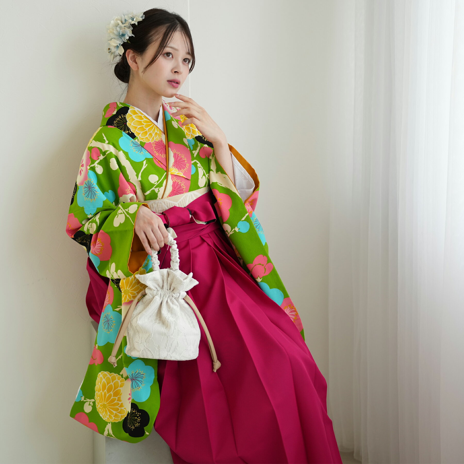 【レンタル】 卒業式 袴 レンタル セット 着物 袴セット レトロ 二尺袖 着物 袴 レトロ 大正浪漫 モダン 【emma×紅一点 袴17点セット 若草色に可愛い梅と菊】往復送料無料