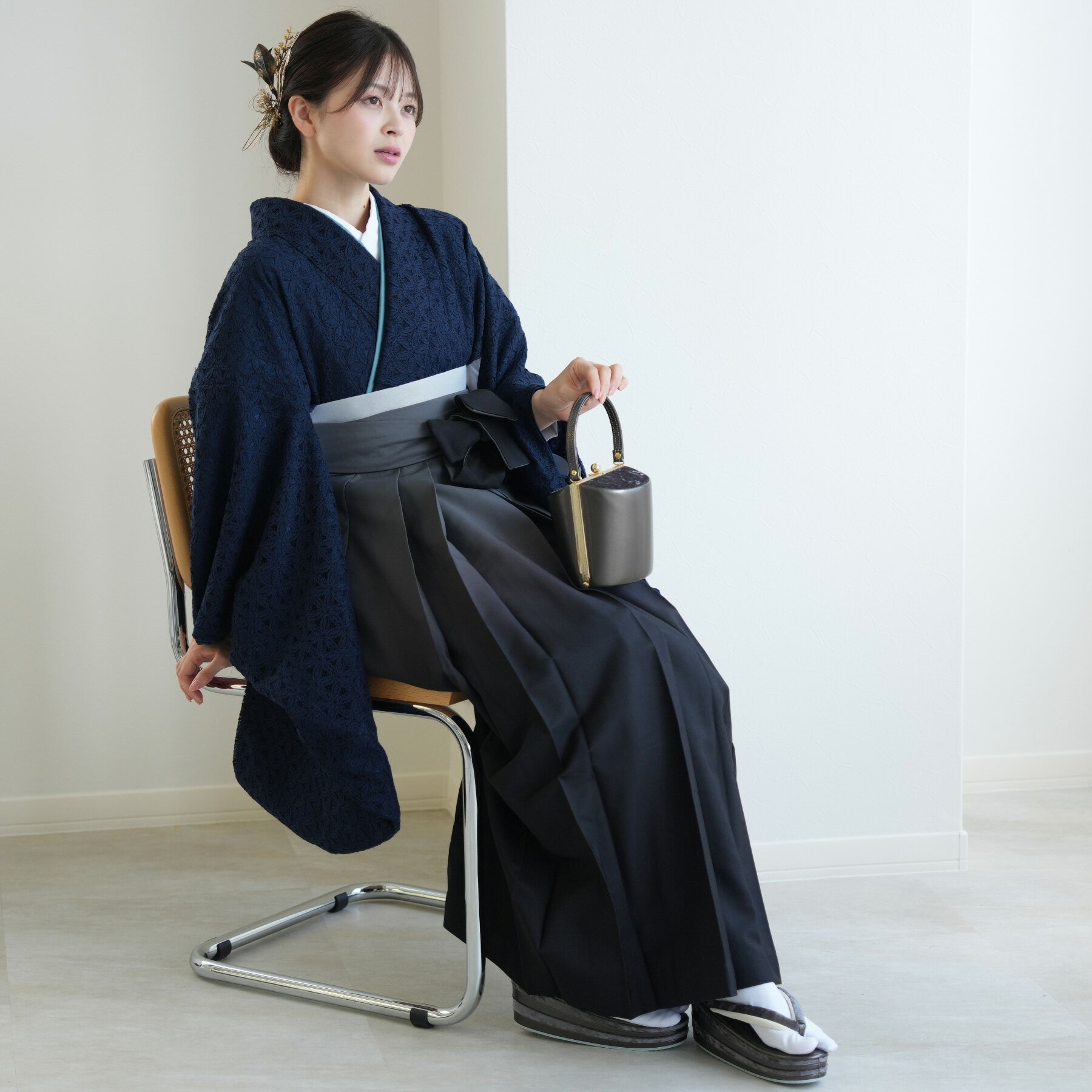 【レンタル】卒業式 袴 レンタル 着物 袴 16点セット ひよこ商店 袴91cm（身長153-165cm） 袴セット 卒業式 大学生 着物 花 女性 紺 系 女性 ネイビー 濃紺 ブルー レース 花柄 フラワーレース 透け 上品 専門学生 小学生 国産生地 往復送料無料