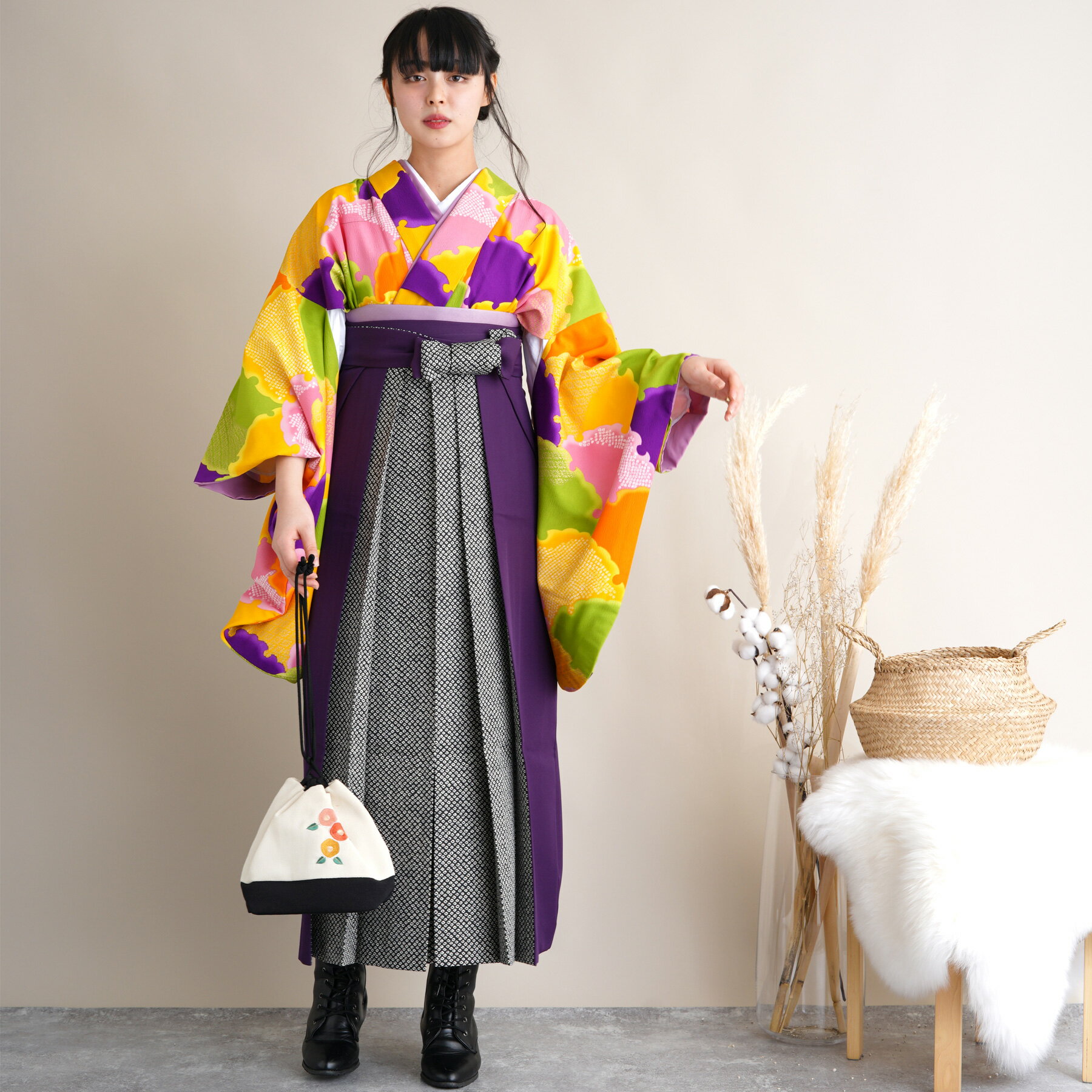 【レンタル】 卒業式 袴 レンタル 着物 袴セット 女 レトロ 二尺袖 レトロ 大正浪漫 モダン【utatane 袴17点セット やまぶき色のモダン雪輪】utatane うたたね 往復送料無料