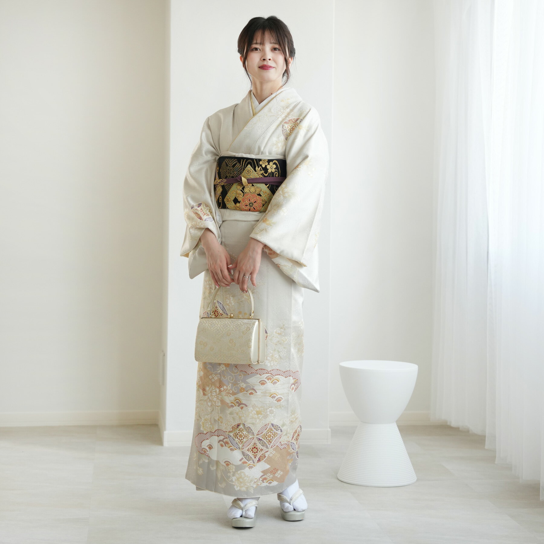 【レンタル】訪問着20点フルセット 訪問着 結婚式 参列 ゲスト 卒業式 お茶会 食事会 入学式 フォーマル お宮参り 七五三 観劇 園遊会 祝賀会 女性 着物 母親 着物＆袋帯 ライトグレー 西陣織帯 金彩 絞り柄 七宝 雲取 花 フルセット