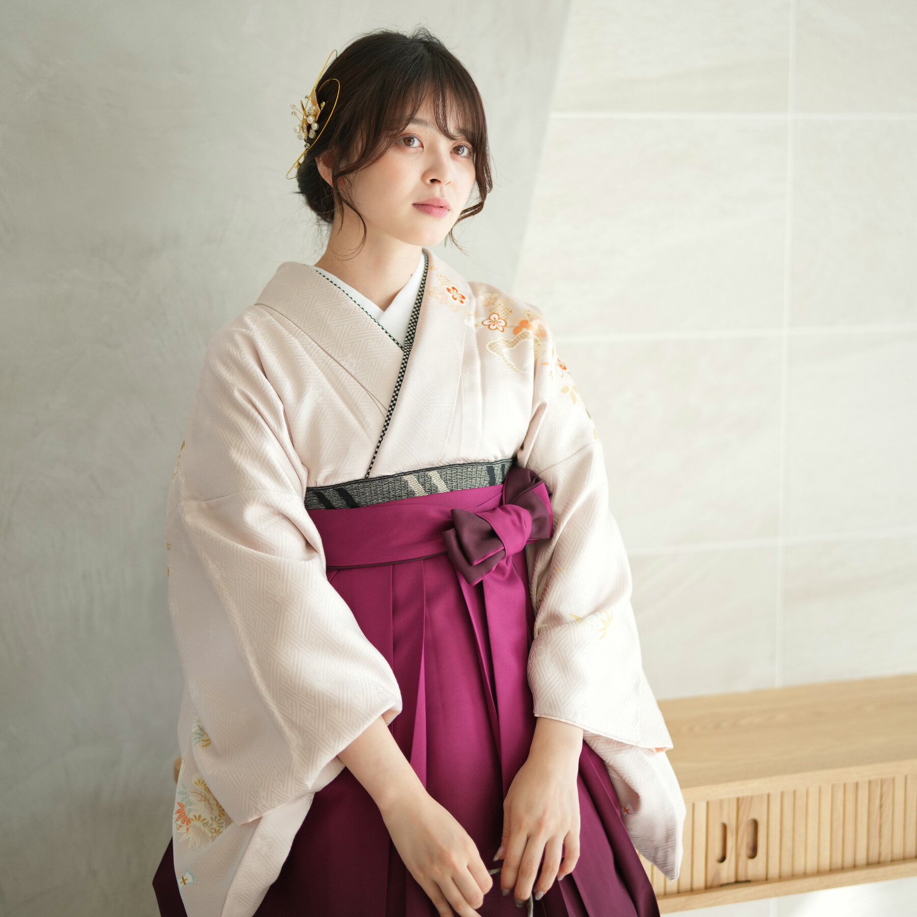 【レンタル】 袴 女 レトロ 袴セット 卒業式 袴セット 教員 教職員 先生 大学生 専門 正絹 訪問着＆袴 【訪問着 袴18点セット ベージュ ピンクベージュ えんじ】往復送料無料(4)