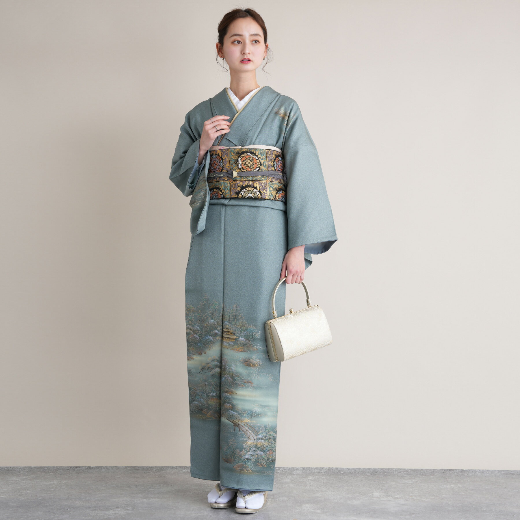 【レンタル】 付け下げ レンタル 着物レンタル 正絹 七五三 母 フルセット 女性 付け下げ 20点セット フリーサイズ(身長151-166cm) 花 青 女性 青緑 くすみ 茶屋辻 附下 附け下げ フォーマル 入学式 卒業式 結婚式 二次会 お宮参り 食事会 往復送料無料