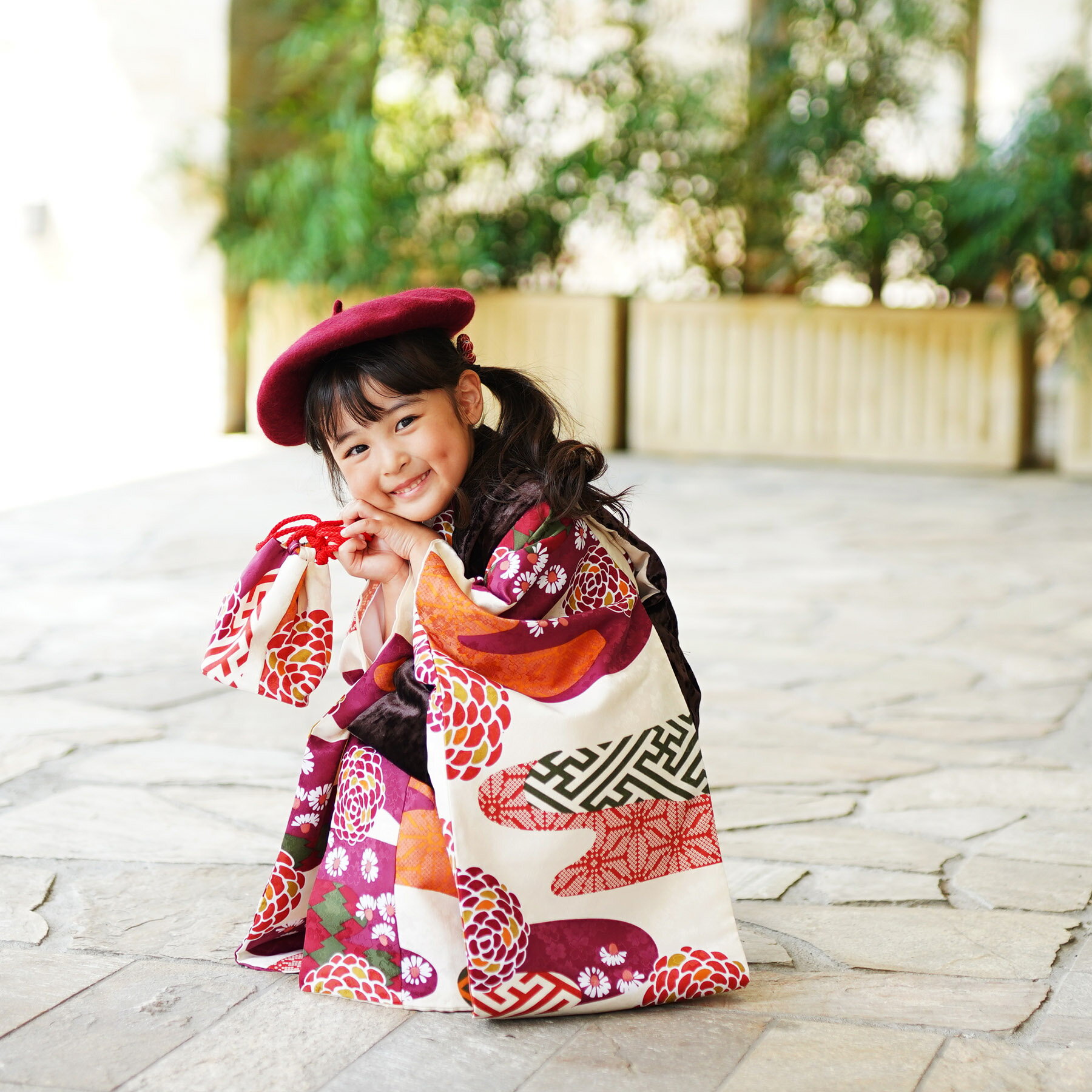 【レンタル】七五三 3歳 着物 セット ひよこ商店 七五三 三歳用被布コート9点セット 菊 雲 花柄 モダン レトロ 大正浪漫 着物 ベロア被布コート ベレー帽...