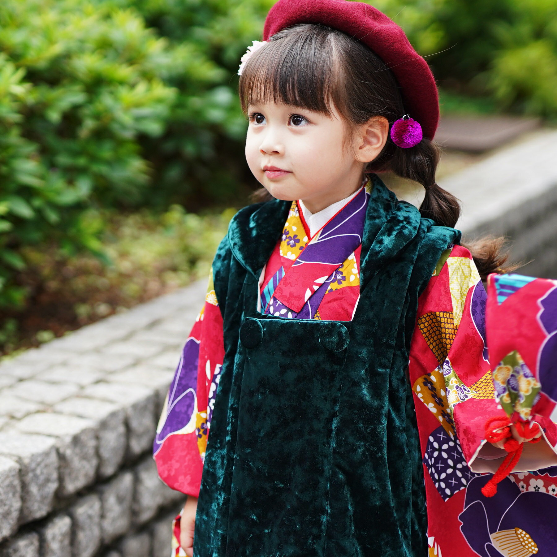 【レンタル】 七五三 3歳 着物 セット ひよこ商店 七五三 三歳用被布コート9点セット 緑 赤 紫 黄色 水色 椿 つばき レトロ 大正浪漫 着物 ベロア被布...