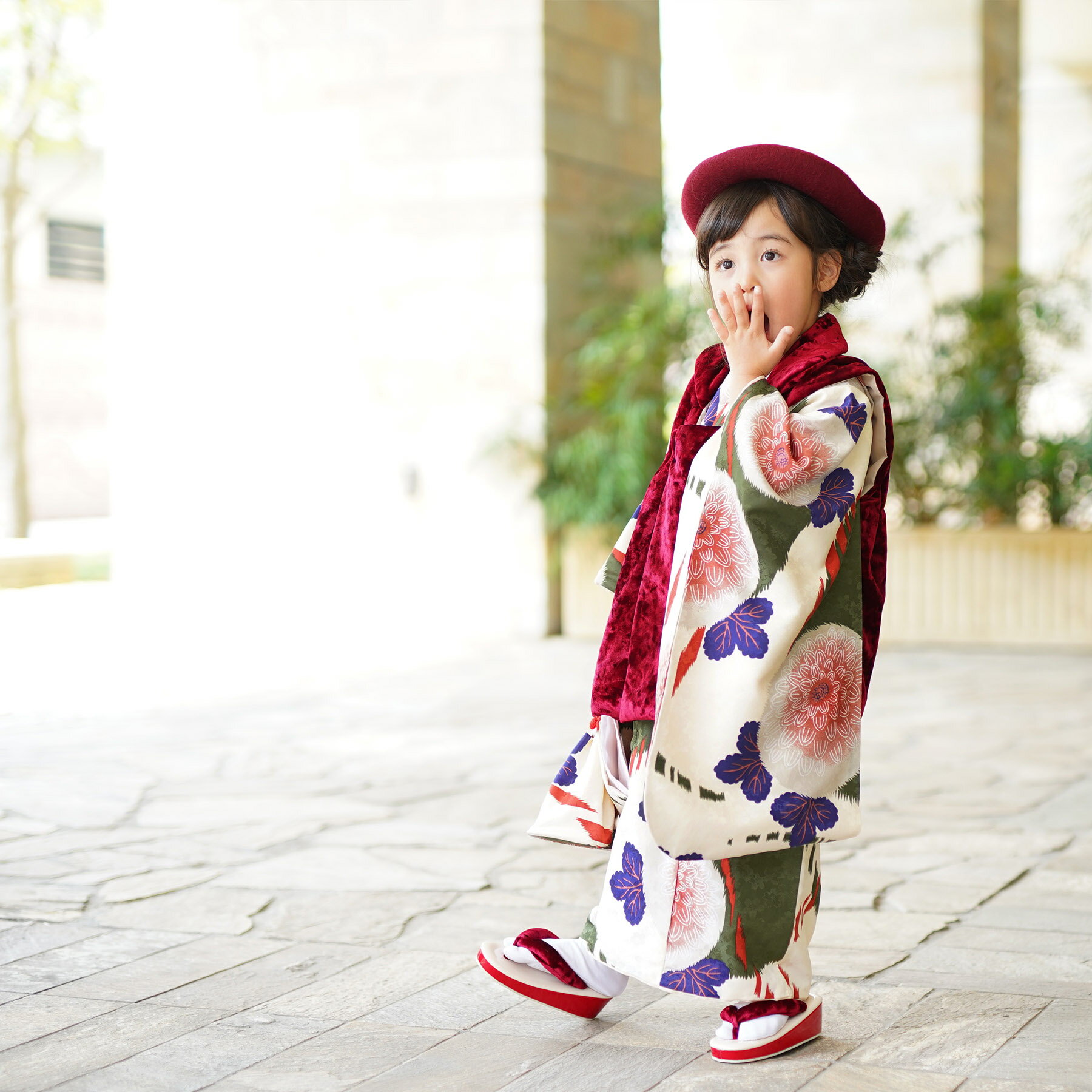 【レンタル】 七五三 3歳 着物 セット ひよこ商店 七五三 三歳用被布コート9点セット 赤 えんじ クリーム 緑 青 ピンク 菊 レトロ 大正浪漫 着物 ベロ...