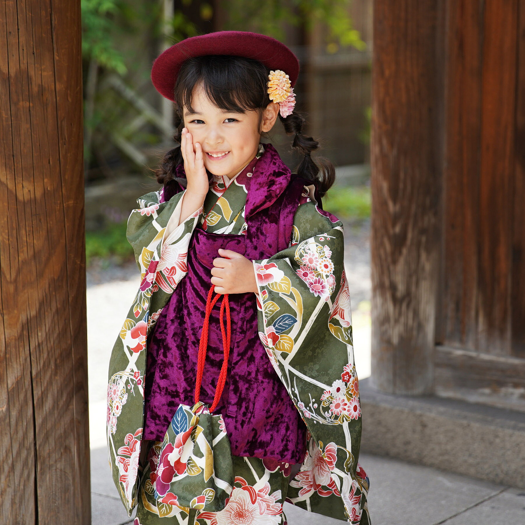 【レンタル】 七五三 セット 3歳 往復送料無料 ひよこ商店 レトロモダン系 七五三セット 88cm-105cm前後 着物 被布セット 緑系 菊 子供 kids...