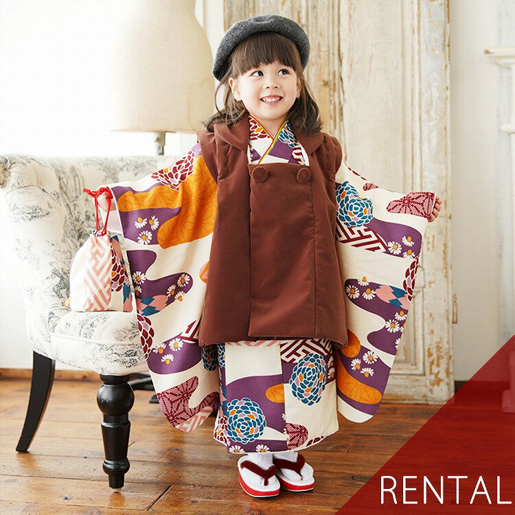 【レンタル】 七五三 セット 3歳 往復送料無料 ひよこ商店 華やか 可愛い系 七五三セット 88cm-105cm前後 着物 フルセット 被布セット アイボリー...