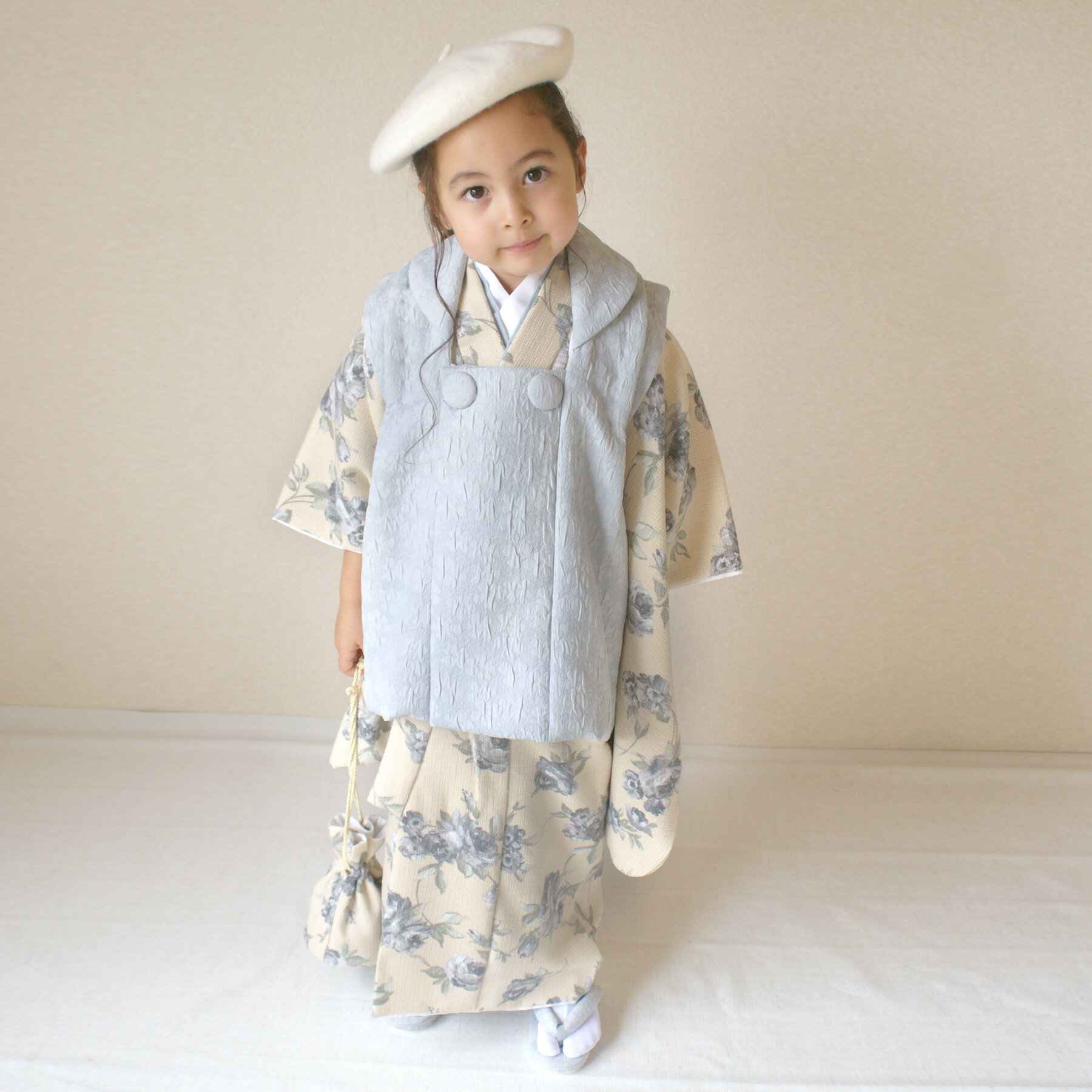 【レンタル】 七五三 3歳 着物 セット utatane 88cm-105cm前後 被布セット 花柄 着物セット レンタル ベージュ系 子供 kids ブルー ...