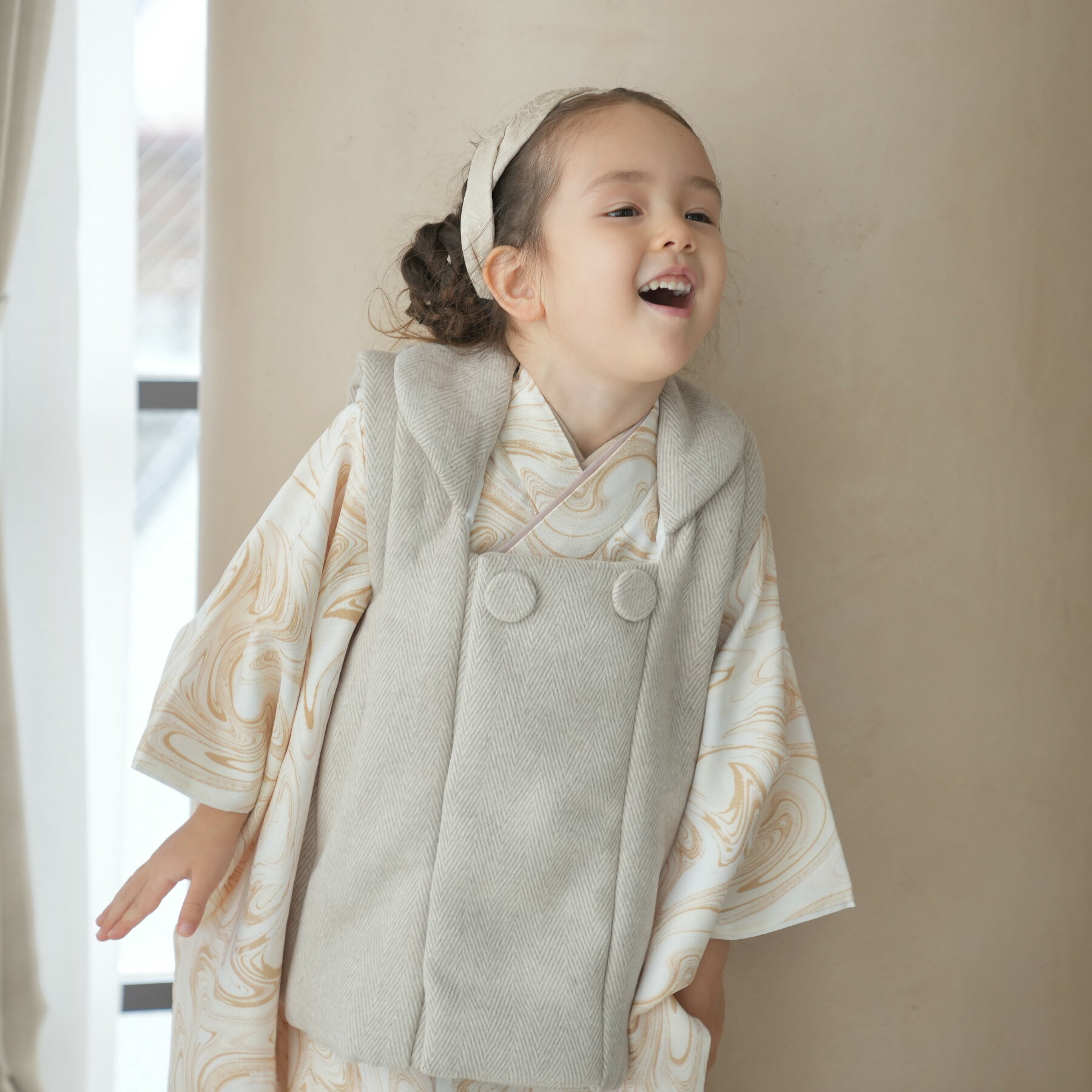 【レンタル】 七五三 3歳 着物 セット ひよこ商店 88cm-105cm前後 七五三 被布セット マーブル 着物セット レンタル アイボリー系 子供 kids...