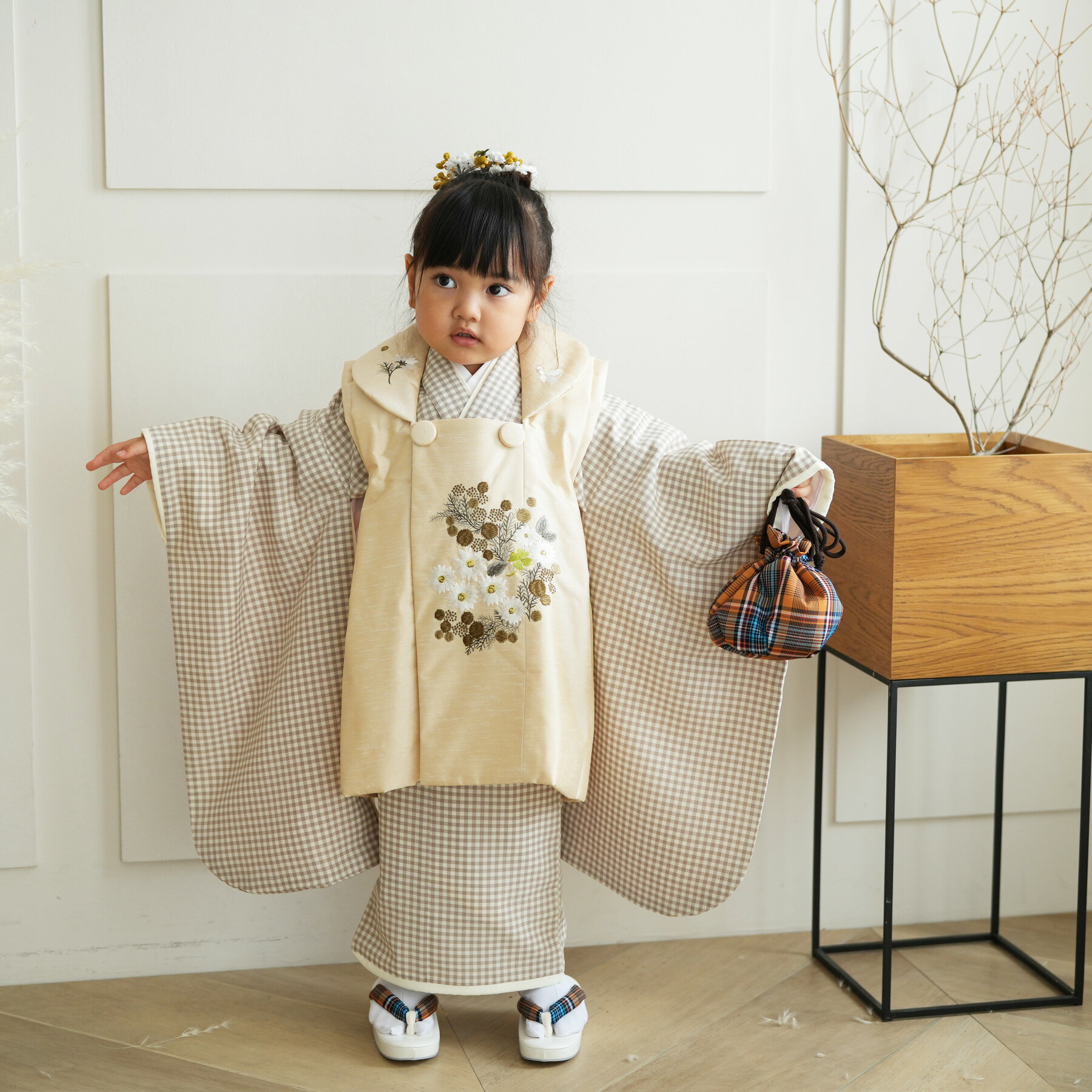 【レンタル】 七五三 3歳 着物 セット kami shibai 88cm-105cm前後 七五三 3歳 日本製 被布セット チェック 着物セット レンタル ベ...