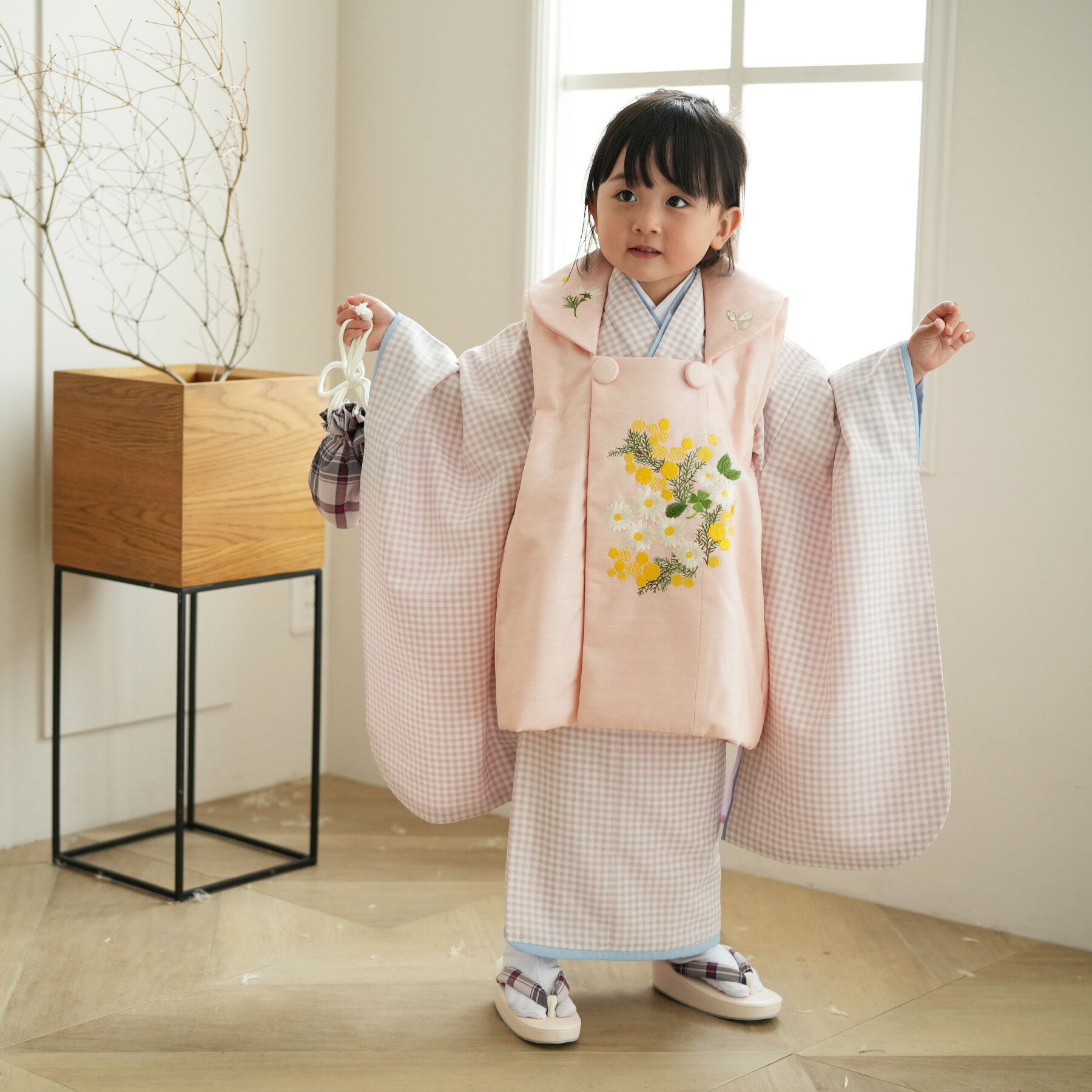 【レンタル】 七五三 3歳 着物 セット kami shibai 88cm-105cm前後 七五三 3歳 日本製 被布セット チェック 着物セット レンタル ピ...