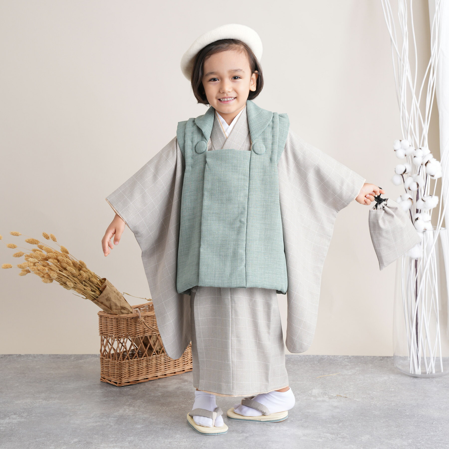 【レンタル】 七五三 3歳 着物 セット utatane 88cm-105cm前後 七五三 被布セット グレンチェック 着物セット 茶系 子供 kids ブラウ...