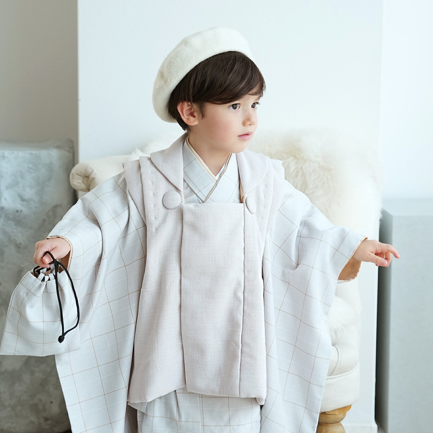 【レンタル】 七五三 3歳 着物 セット utatane 88cm-105cm前後 被布セット グレンチェック 着物セット グレー系 子供 kids 灰色 ライ...