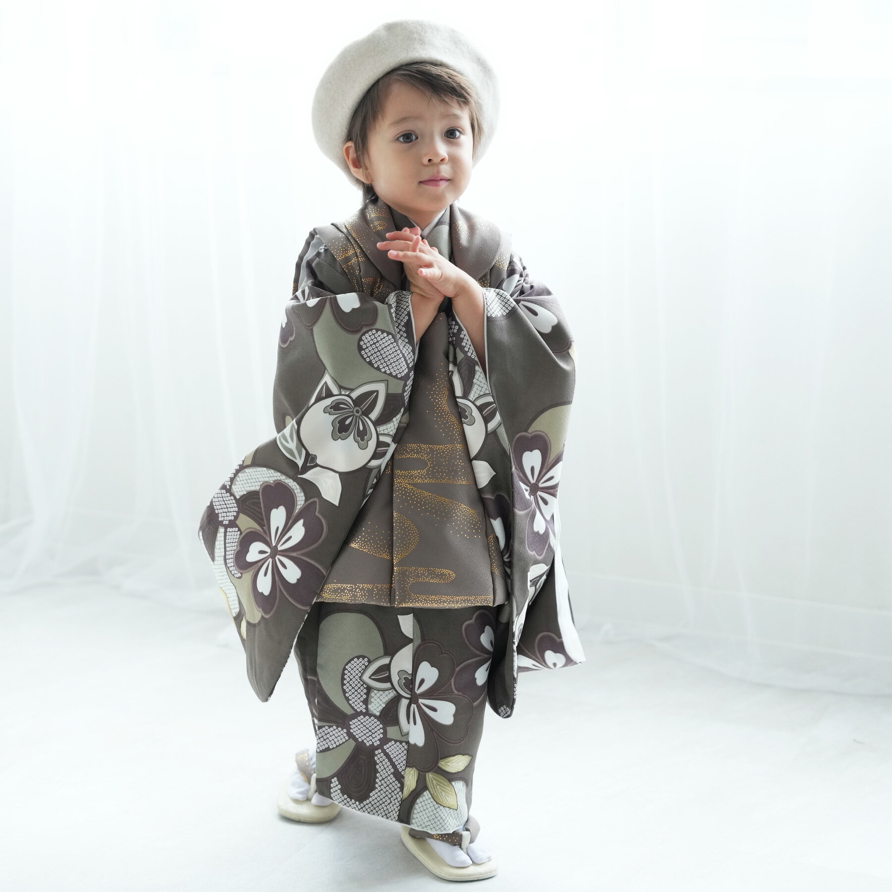 【レンタル】 七五三 3歳 着物 セット ひよこ商店 88cm-105cm前後 着物 フルセット 花 被布セット 茶 子供 三歳 三才 男児 被布コート 桜 橘...