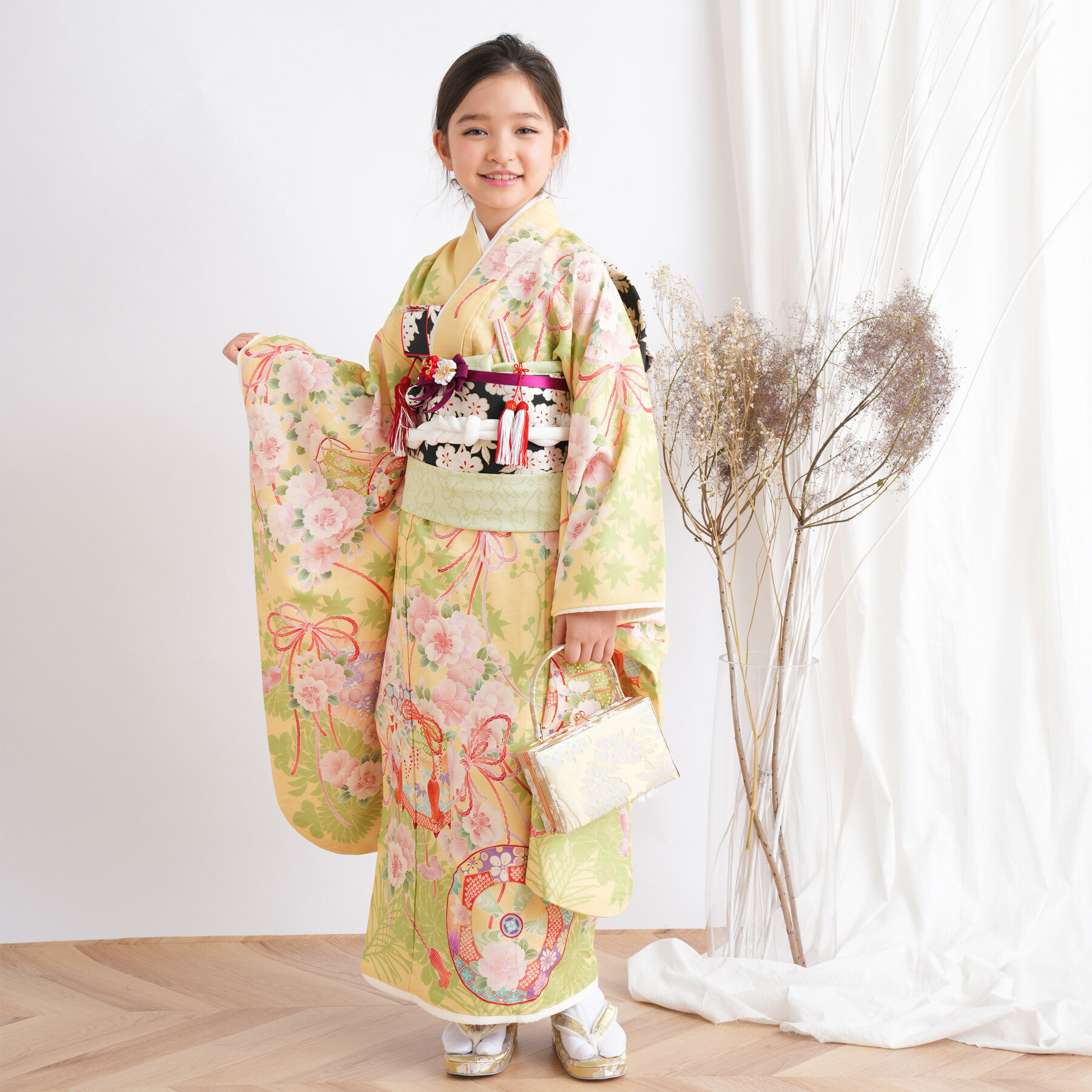楽天ひよこ商店【レンタル】 七五三 7歳 着物 セット 華徒然 120cm-135cm前後 七五三 日本製 着物 フルセット 花 四つ身 黄系 子供 kids イエロー 緑 レッド ピンク はこせこ 帯 草履 バッグ 髪飾り 足袋 七歳 七才 7才 おしゃれ ブランド着物 往復送料無料