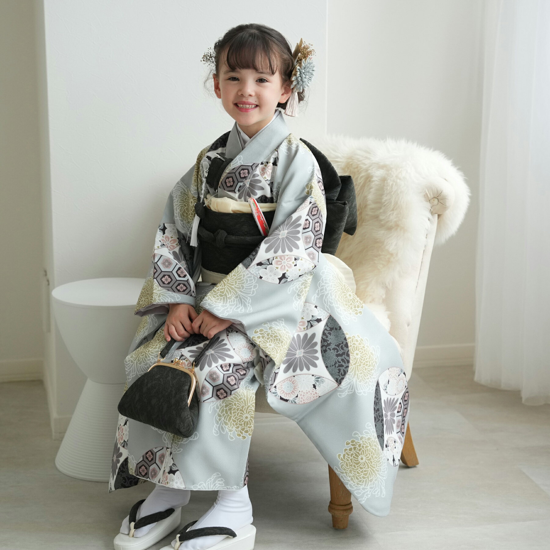 楽天ひよこ商店【レンタル】【ひよこ商店 七五三 着物 7歳 女の子 四つ身　ミント七宝】着物セット 子供 kids 四つ身 お祝い着 七歳 七才 女の子 女児 着物 日本製作り帯 長襦袢 志古貴 ハコセコ 草履 バッグ びら簪 足袋 120cm-135cm前後 新品足袋プレゼント 往復送料無料
