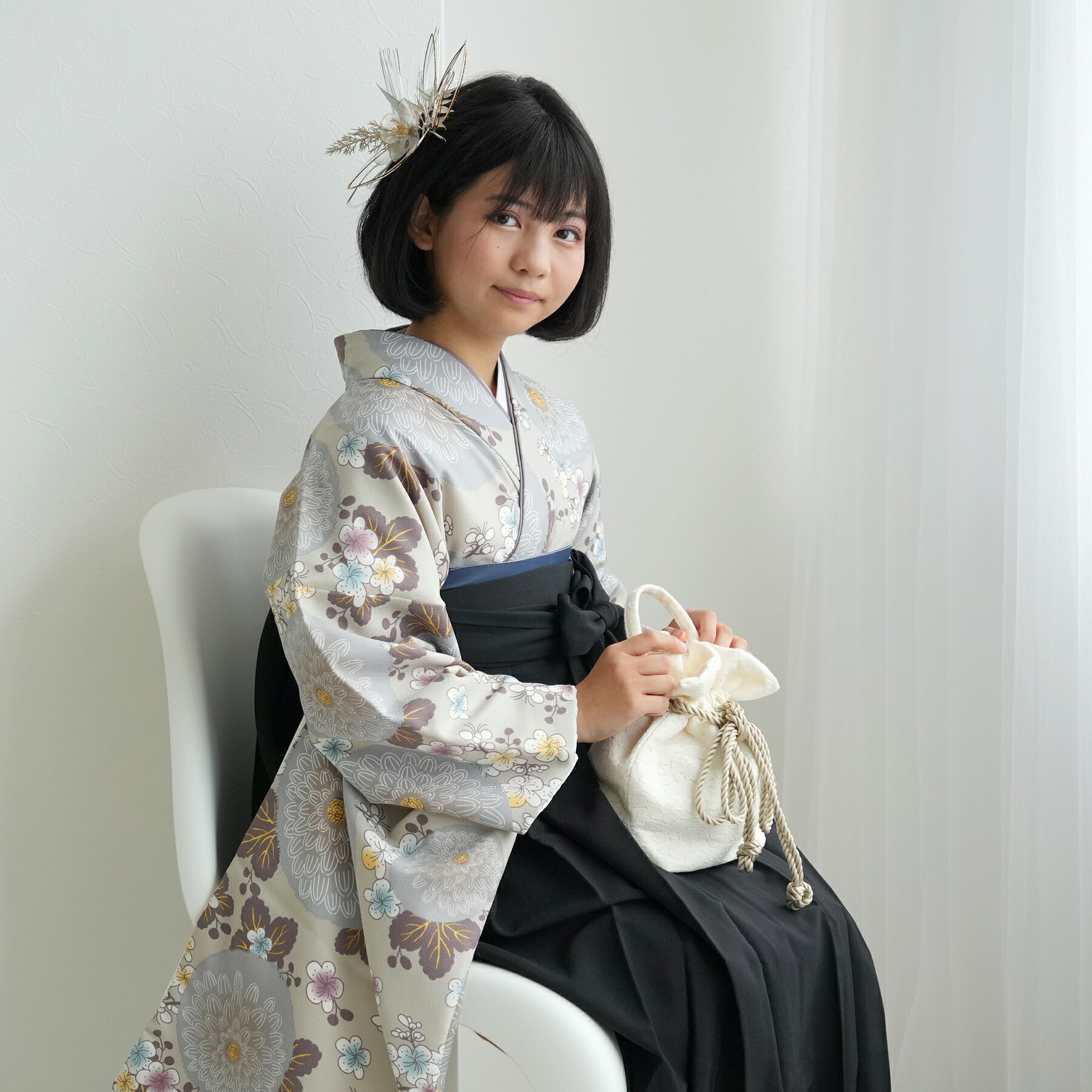 【レンタル】 卒業式 袴 レンタル 着物 袴 15点セット ひよこ商店 小学校 袴84-87cm（適応身長143-155cm） 袴セット 卒業式 ジュニア 女の子 菊 女の子 緑子供 kids グリーン 抹茶 クリーム きく 花柄 小学生 大学生 卒業式 往復送料無料のサムネイル