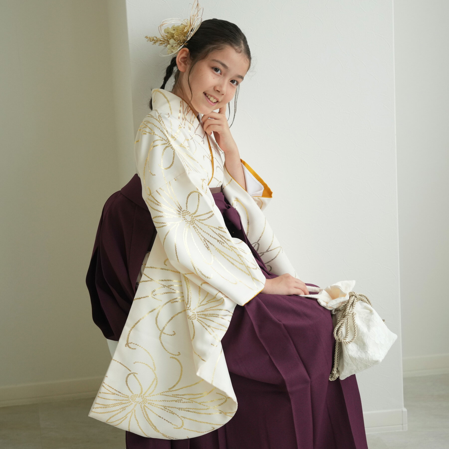 【レンタル】【ひよこ商店 ジュニア 袴 15点セット クリーム金彩・糸菊】 二尺袖着物 はかま 着物セッ..