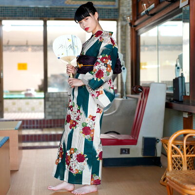 【ニコアンティーク 高級変わり織 浴衣3点セット 青緑の矢絣ジャポネ】 ゆかた 帯 ...