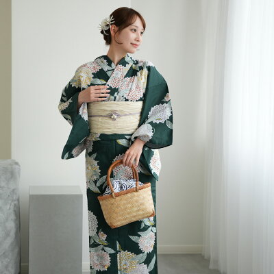 【utatane 高級変わり織 浴衣3点セット 青緑に広がる菊】 ゆかた 帯 下駄 セット ...