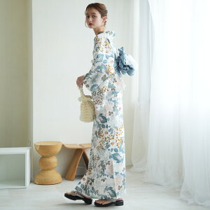 【utatane 高級変わり織 浴衣3点セット 白地にミントのとりどりの花】 ゆかた 帯 下駄 セット レディース TL トールサイズ(身長165-175cm) 浴衣セット 水色 女性 グレイッシュブルー 菊 萩 ゆり くすみカラー 昭和レトロ 大正ロマン 大正浪漫 七夕