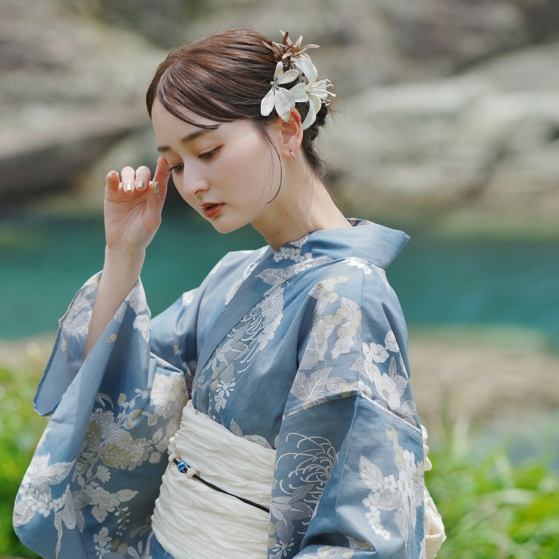 【utatane 高級変わり織 浴衣3点セット 鈍ミントに糸菊と花】 ゆかた 帯 下駄 セット レデ