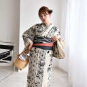 【20%OFF】【utatane×注染工房 日本製小幅生地使用 浴衣3点セット先染めベージュ ブラックの麻の葉と菊】特選 注染 本染め 手染め フリーサイズ 浴...
