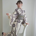 【utatane×注染工房 日本製小幅生地使用 浴衣3点セット 先染めベージュ濃紫の藤御所車】特選シリーズ 注染 本染め にじみ 手染め ぼかし フリーサイズ 浴衣セット(ゆかた・帯・下駄) 日本製 国産 手縫い併用国内縫製 奈良の職人さんの手染め