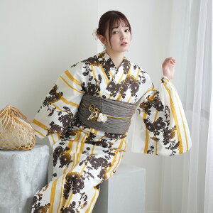 【ニコアンティーク 高級変わり織 浴衣3点セット からしのバンブーストライプと菊影絵】 個性派きものブランドNicoAntiqueの新作 フリーサイズ 浴衣セット(ゆかた・帯・下駄) レトロ 上質 国産生地