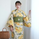 【utatane×注染工房 日本製小幅生地使用 浴衣3点セット 先染めベージュ からしと抹茶の小菊と扇面】特選シリーズ 注染 本染め 手染め 浴衣セット(ゆかた・帯・下駄)ですぐお出かけ 日本製 国産 手縫い併用国内縫製 奈良の職人さんの手染め