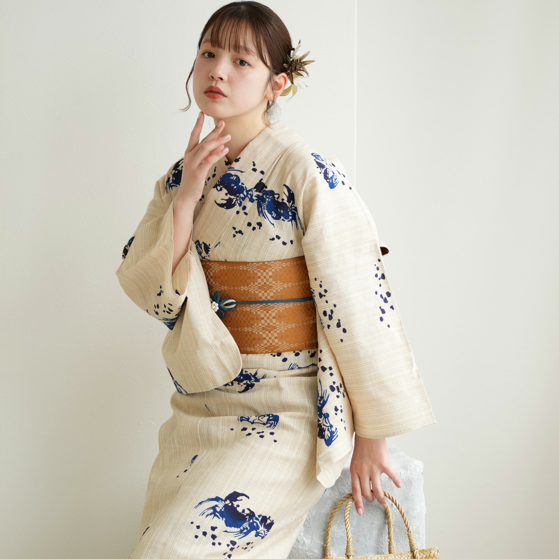 【utatane×注染工房 日本製小幅生地使用 浴衣3点セット 先染めベージュ 紺の小さな蟹】特選シリーズ 注染 本染め 手染め フリーサイズ 浴衣セット(ゆか...